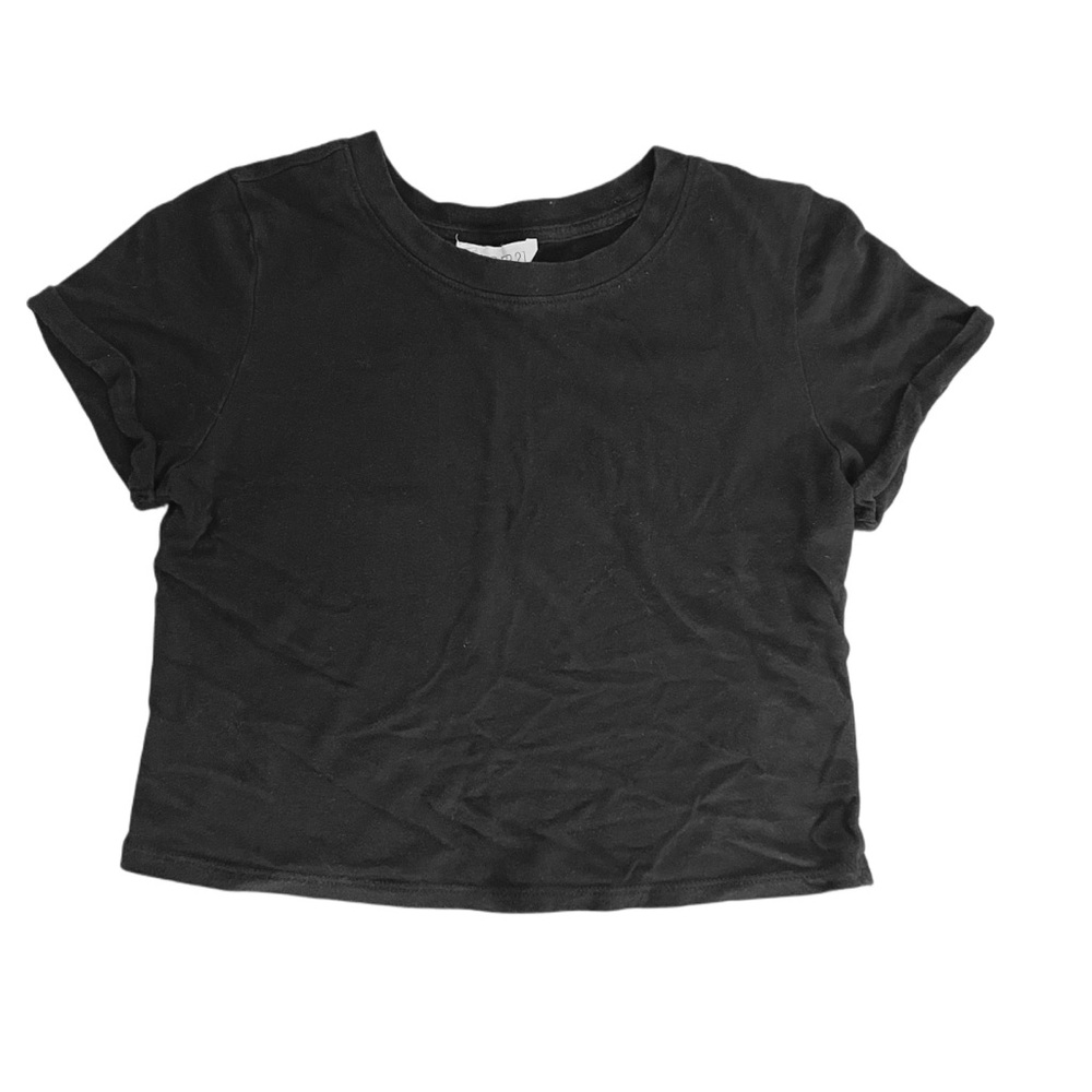 Forever 21 Black Crop Top Relaxed Fit with Cuffed Sleeves